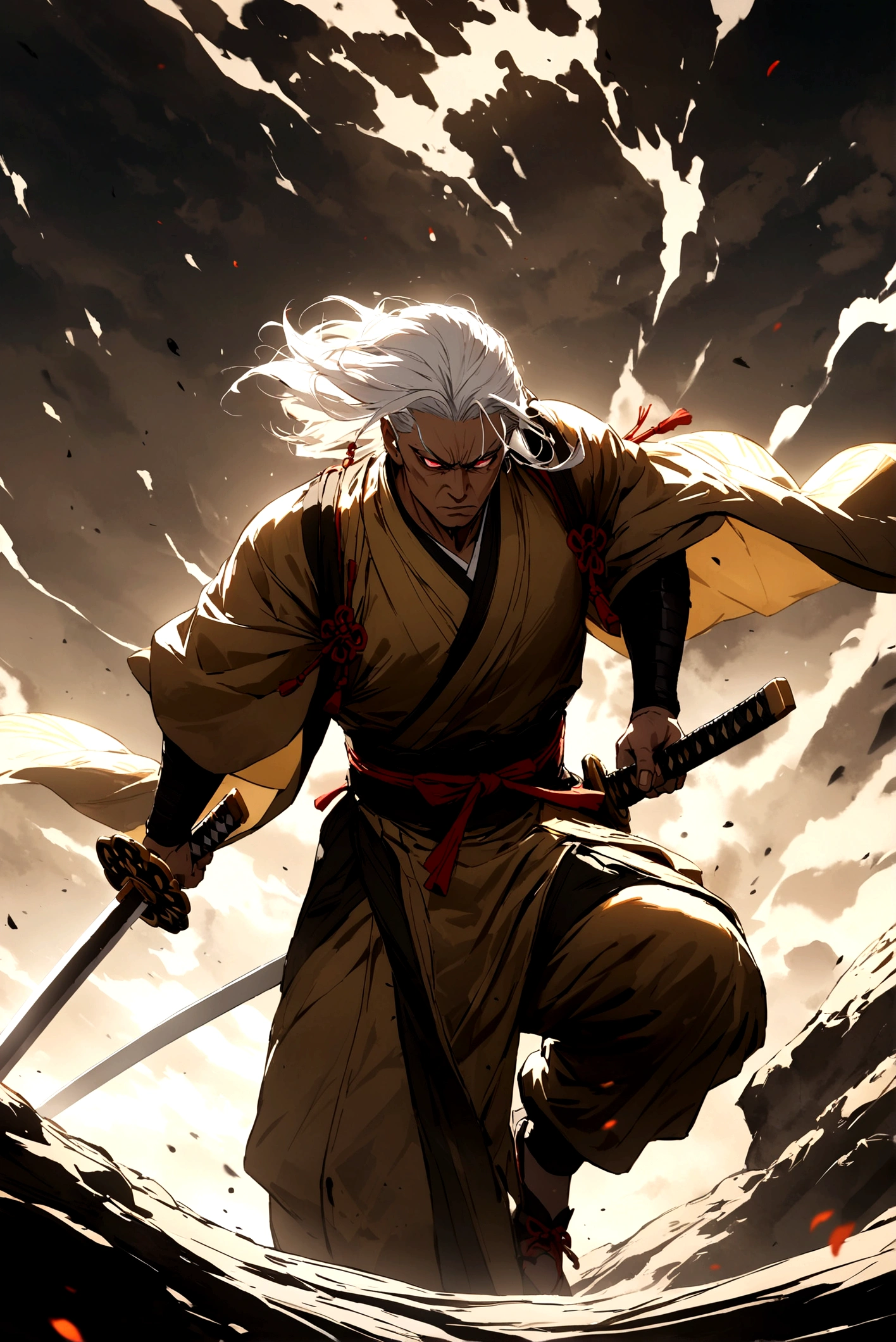 Samurai man with long white hair and scarlet eyes wearing a black and gold kimono wielding a katana