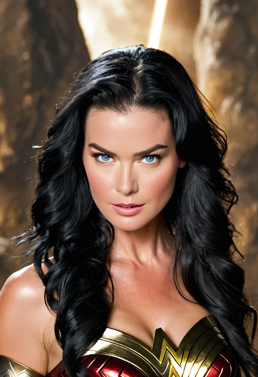 (((Extreme Closeup Rebecca Romijn(((long black hair)))under the mantle of the Amazon warrior Wonder Woman Diaema Wonder Woman frontal images color images Splash))),(((Rebecca Romijn))),(((black hair Largo))),(((black hair)))