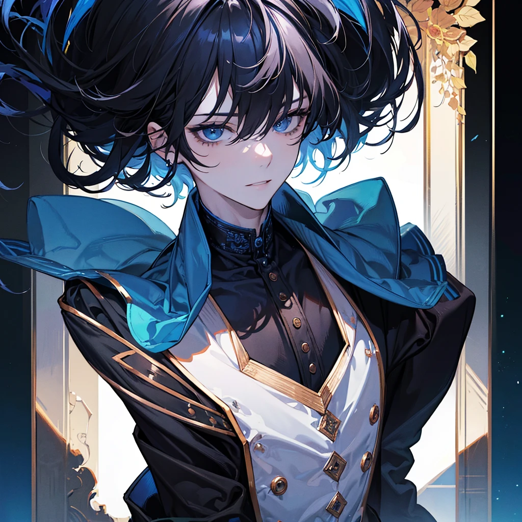 (8K, Best Quality, Masterpiece, Ultra High Resolution) 1 Male, Man, Beautiful Eyes, Face Details, Short Black Hair, Blue Eyes, Sunkissed Skin, Slender, Toned, Suit, Sitting at Desk, Best Quality, Upper Body, Looking at the Viewer, Facing Viewer, Close Up