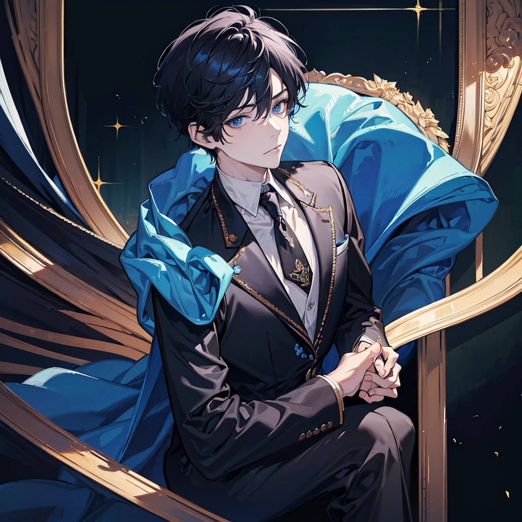 (8K, Best Quality, Masterpiece, Ultra High Resolution) 1 Male, Man, Beautiful Eyes, Face Details, Short Black Hair, Blue Eyes, Sunkissed Skin, Slender, Toned, Suit, Sitting at Desk, Best Quality, Upper Body, Looking at the Viewer, Facing Viewer, Close Up
