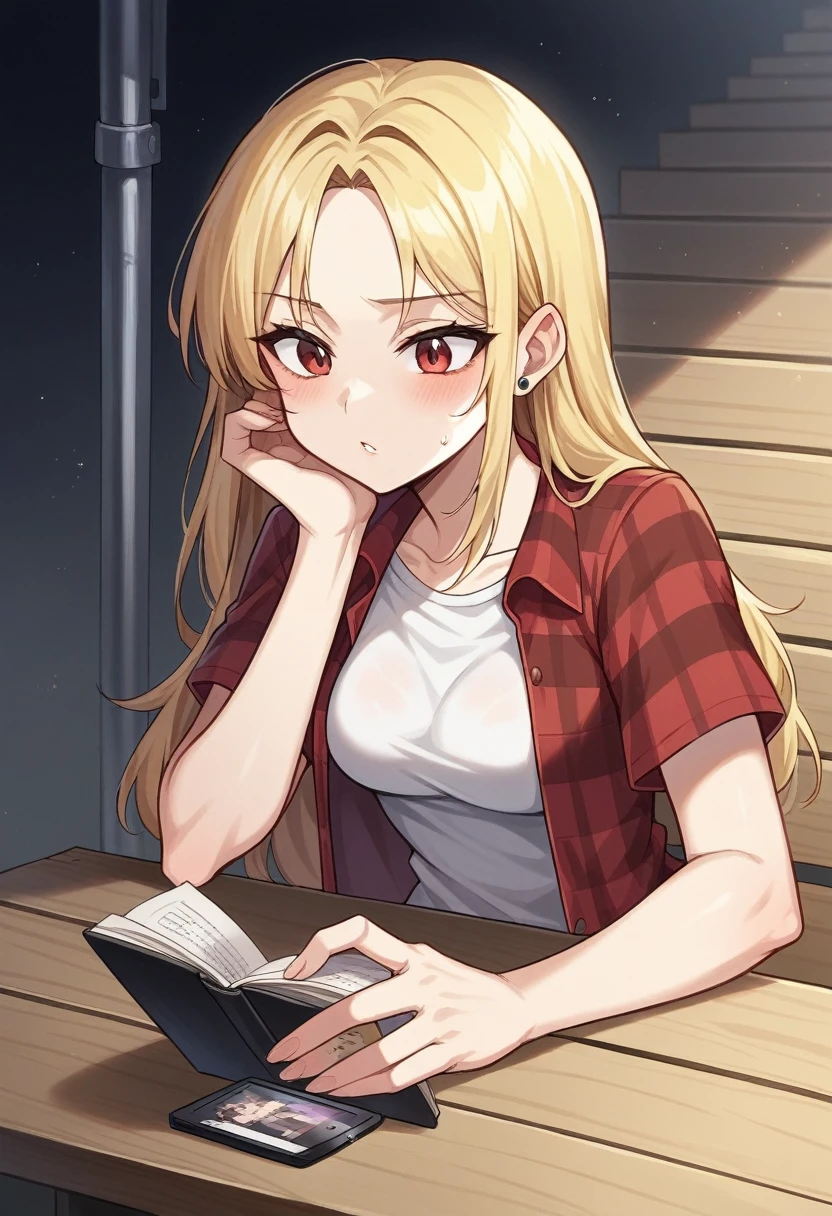 a young woman engaged with her smartphone, with her attention fully absorbed by the screen as it illuminates her face in a warm glow. She wears a red and black checkered shirt over a red top, suggesting a casual and perhaps contemporary style. Her blonde hair falls loosely around her shoulders, and her face shows a focused or contemplative expression, typical of someone engrossed in reading or interacting with digital content. The environment suggests evening or nighttime given the ambient darkness around her, and the lighting emphasizes the phone on her hands as the main source of light, casting soft shadows and giving the scene an intimate feeling. There is a subtle contrast between the technology in her hands and the potential for a less digitally connected setting implied by the darkness surrounding her. The woman's ethnicity appears to be Caucasian, and while the background is not the focus, it is sufficiently lit to suggest she may be seated in a public transport or an indoor setting with bench-like seating.
