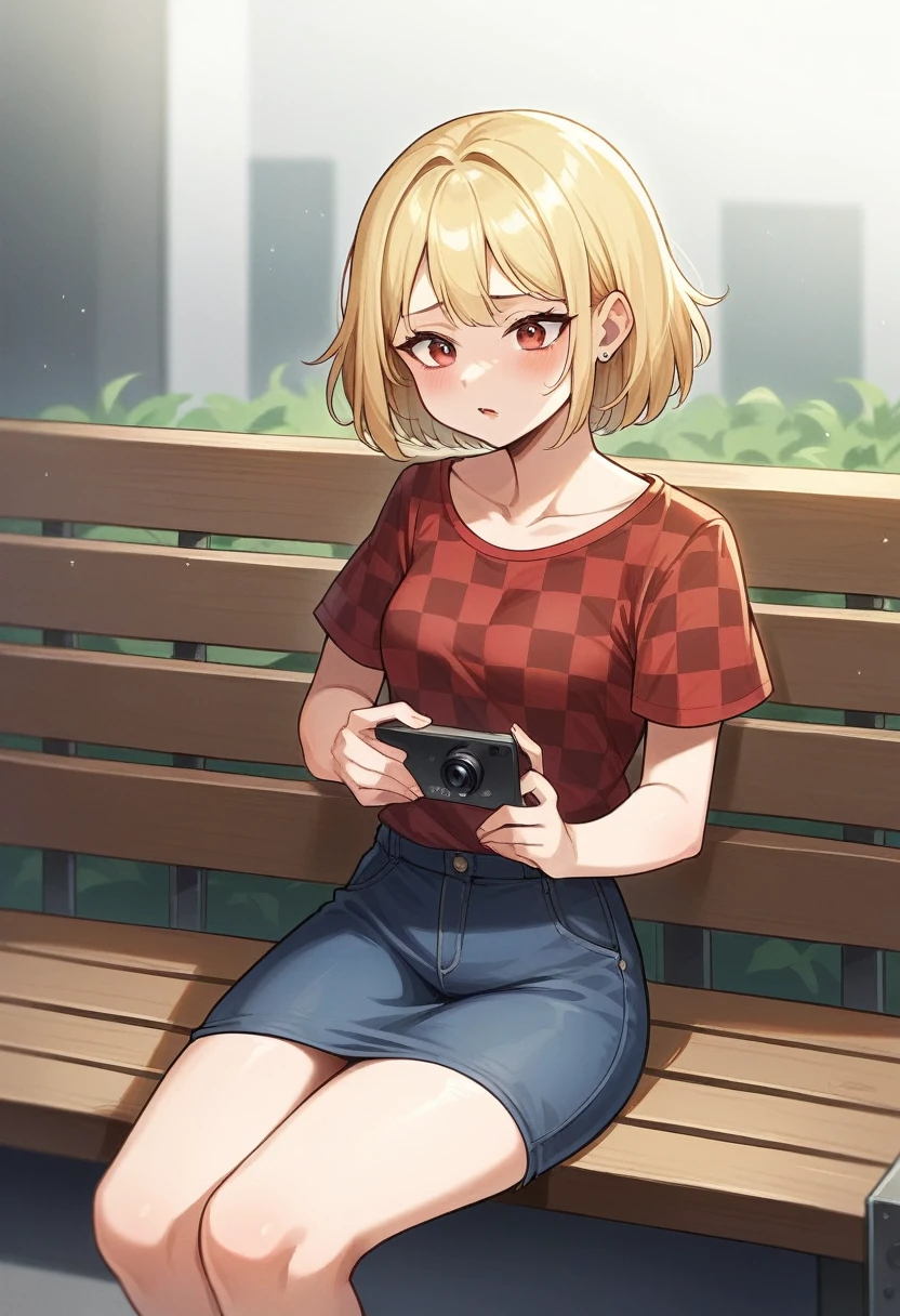 a young woman engaged with her smartphone, with her attention fully absorbed by the screen as it illuminates her face in a warm glow. She wears a red and black checkered shirt over a red top, suggesting a casual and perhaps contemporary style. Her blonde hair falls loosely around her shoulders, and her face shows a focused or contemplative expression, typical of someone engrossed in reading or interacting with digital content. The environment suggests evening or nighttime given the ambient darkness around her, and the lighting emphasizes the phone on her hands as the main source of light, casting soft shadows and giving the scene an intimate feeling. There is a subtle contrast between the technology in her hands and the potential for a less digitally connected setting implied by the darkness surrounding her. The woman's ethnicity appears to be Caucasian, and while the background is not the focus, it is sufficiently lit to suggest she may be seated in a public transport or an indoor setting with bench-like seating.


