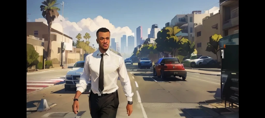 a closeup of a man in a tie and shirt walking down a street, GTA5 style, Style GTA V, GTA V style, as gtav character, Estilo urbano GTA V, gta character, gta v character, gta 6 style, Elon Musk a GTA V, as the protagonist of gta 5, Mark Zuckerberg en GTA V., Estilo Grand Theft Auto
