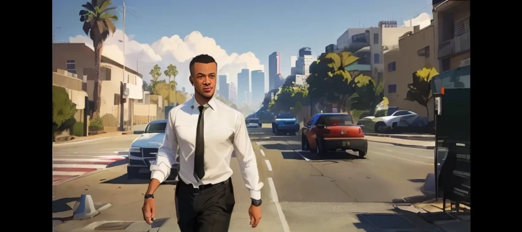 a closeup of a man in a tie and shirt walking down a street, GTA5 style, Style GTA V, GTA V style, as gtav character, Estilo urbano GTA V, gta character, gta v character, gta 6 style, Elon Musk a GTA V, as the protagonist of gta 5, Mark Zuckerberg en GTA V., Estilo Grand Theft Auto
