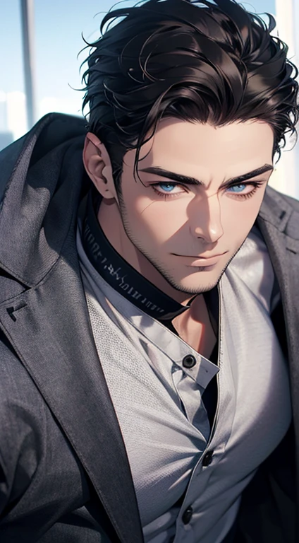 (best quality,4k,8k,highres,masterpiece:1.2),ultra-detailed,(realistic,photorealistic,photo-realistic:1.37),1 man,31 years old,mature man,very handsome,without expression,smile,short grey black hair,blue eyes,penetrating gaze,perfect face without errors,imposing posture,businessman,office background,cinematic lighting,hdr image