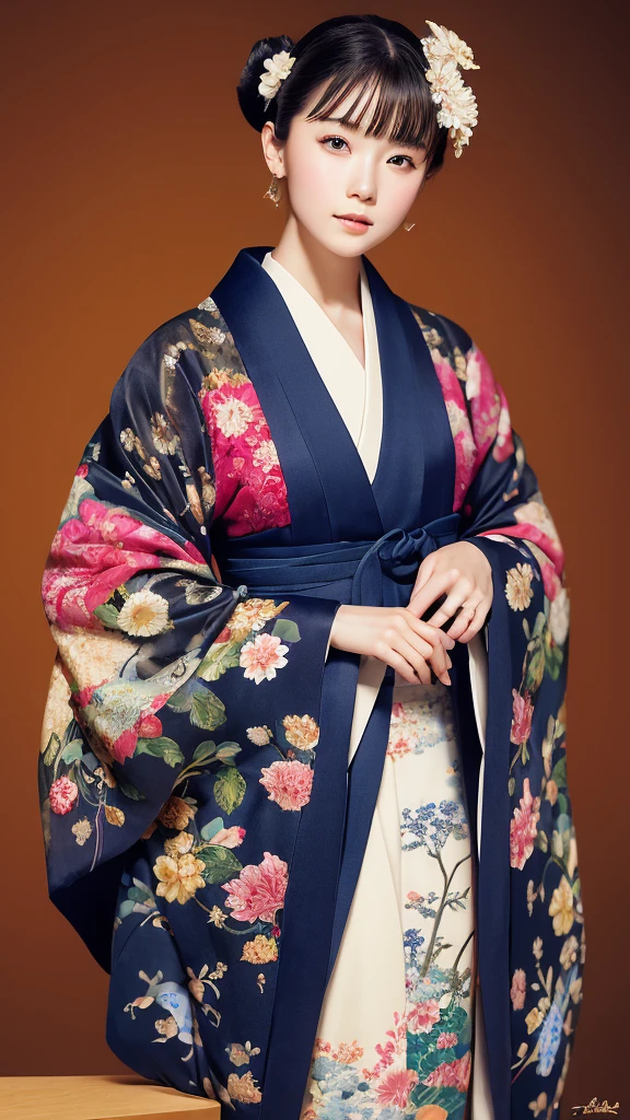 Tabletop, Highest quality, Very delicate and beautiful girl,Very delicate and beautiful, World Masterpiece Theatre, Very detailedな, Very detailed, Highest quality, Very beautiful silky black hair,kimono,Japanese Clothing,落ち着いた色合いのkimono,ナチュラルカラーのkimono, High resolution, Very detailed,1 Girl, Highest quality, shape, Looking at the audience, Material, canvas, Oil, Genuineistic, Realist ,Genuine,Great background,Otherworldly background,