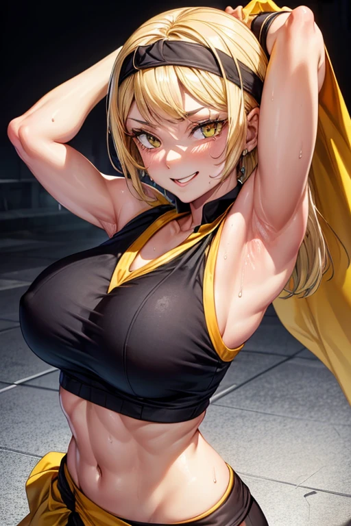 8k high resolution, detailed face, detailed body, perfect body, ultra high quality, 1 girl, sleeveless shirt, seductive smile, arms up, armpit, sweating, black headband, yellow eyes, sweating, sweaty armpits