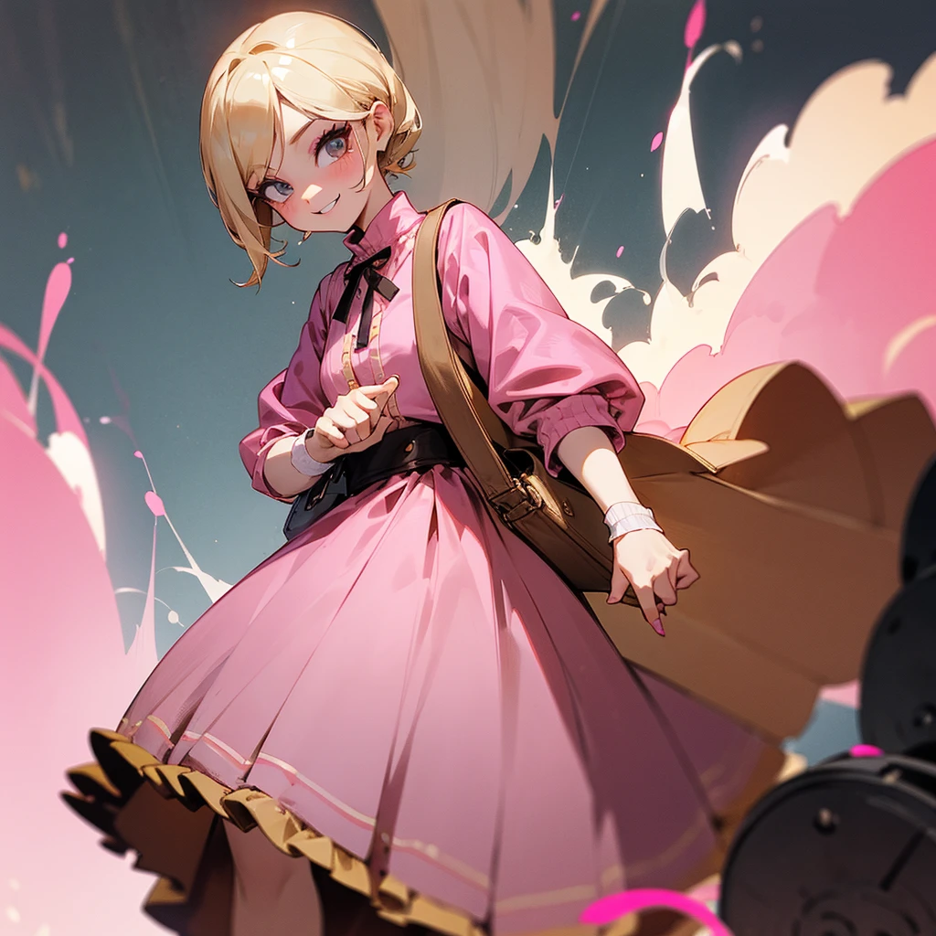 has blonde hair, with some brown highlights, besides wearing a pink vintage dress, and carries a bag with several explosives. wear a pink skirt, and a pink heel, besides wearing a lot of makeup, besides having a very mischievous smile