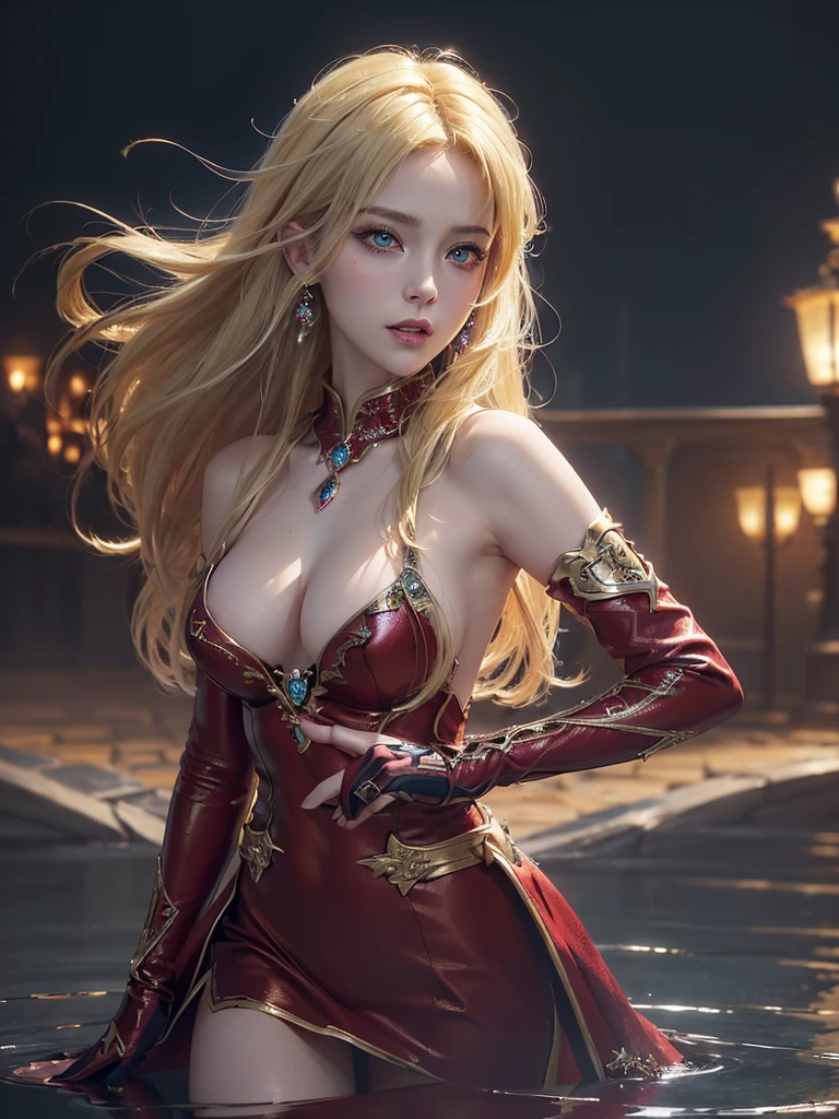 Masterpiece，Best quality，High resolution，8K，((portrait)),((head close-up)),(original photo),(real photo),(digital photo),(very beautiful woman of 28 years old, ,((blonde hair)),((eyes red, devil eyes)), jewelry, beautiful elegant, arrogant, noble and charming,(fantasy combat uniform),(combat girl), photography pose, night, OC render reflection texture