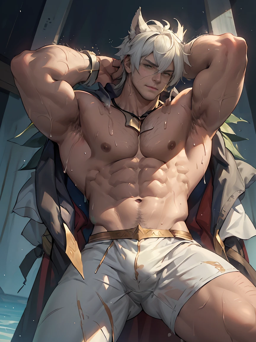 (Masterpiece, best quality), ผู้man, Wear miniature strap ((White Gold Microfiber:_pattern_design_strap_Sweating_Big pecs_Wet all over.)) , bioluminescence_water_word, wide angle, ร่างกายstrongแรง, man, shiny_skin, muscle,perfect human structure,silver eyed orange,Nail shape, Given expression, small waist, wide chest, stalwart , illustration, watercolor ink sketch,(Big bulge),(large eggs),Japanese radish,legs apart,dick,((Crotch up)),((Thick body hair)),(hand touching crotch),Armpit hair,(View from the bottom up),rounded bottom,Your hips are forward.,((soaked clothes)),strong,(There are many in the body.),butterfly,((very detailed, ขาที่very detailed, อาวุธที่very detailed, very detailed face, Eyes with perfect details, Perfectly detailed anatomy)),(Broad shoulders), sit, Bikini Wear,