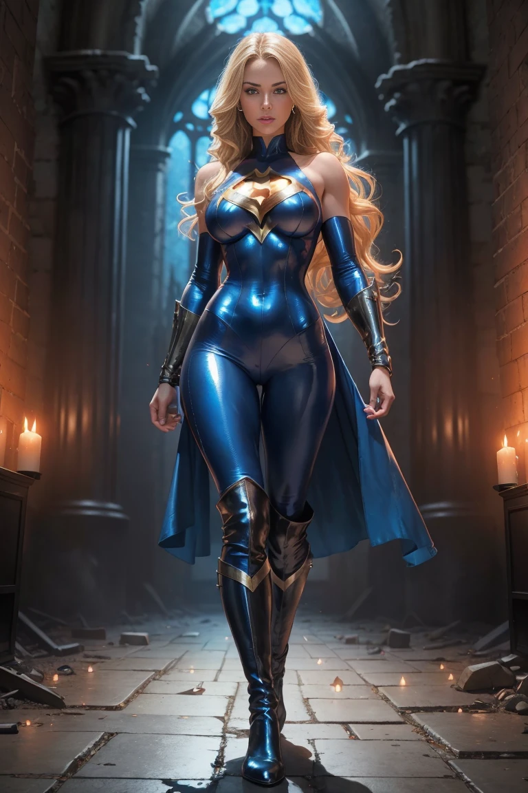 full body superheroine Wonder Girl blonde long wavy hair blue eyes red mouth tall muscular body big round breasts broad shoulders blue metallic shiny tight leather pants, blue metallic shiny short plunging sleeveless tops blue boots dress hero pose even a terrifying night in a ruined Gothic cathedral, a semi-dark plume of light octane render photorealistic