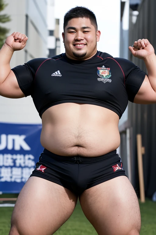 ((highest quality)), ((masterpiece)), (detailed), ((Perfect Face)), 4k, Shaved head, Young Japanese, Muscular, Fat body, Very big man, smile, ((showing off crotch)) A large Japanese man topless、whole body、Rugby last week、Thick legs、Thick arm muscles、Intimidating、whole body、wearing a tight black shorts