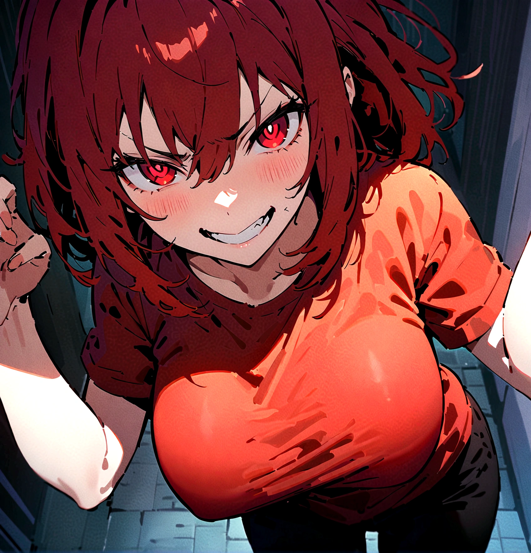 (Masterpiece:1.2, Best Quality), 1 woman, whole body, T-shirt, short black pants,angry pose, Casual, big breasts,wide , minimal makeup,pale,Natural fabrics, closeup face, evil smile, bright red eyes circular pupils,high UHD resolution, detailed lines, ((whole body))