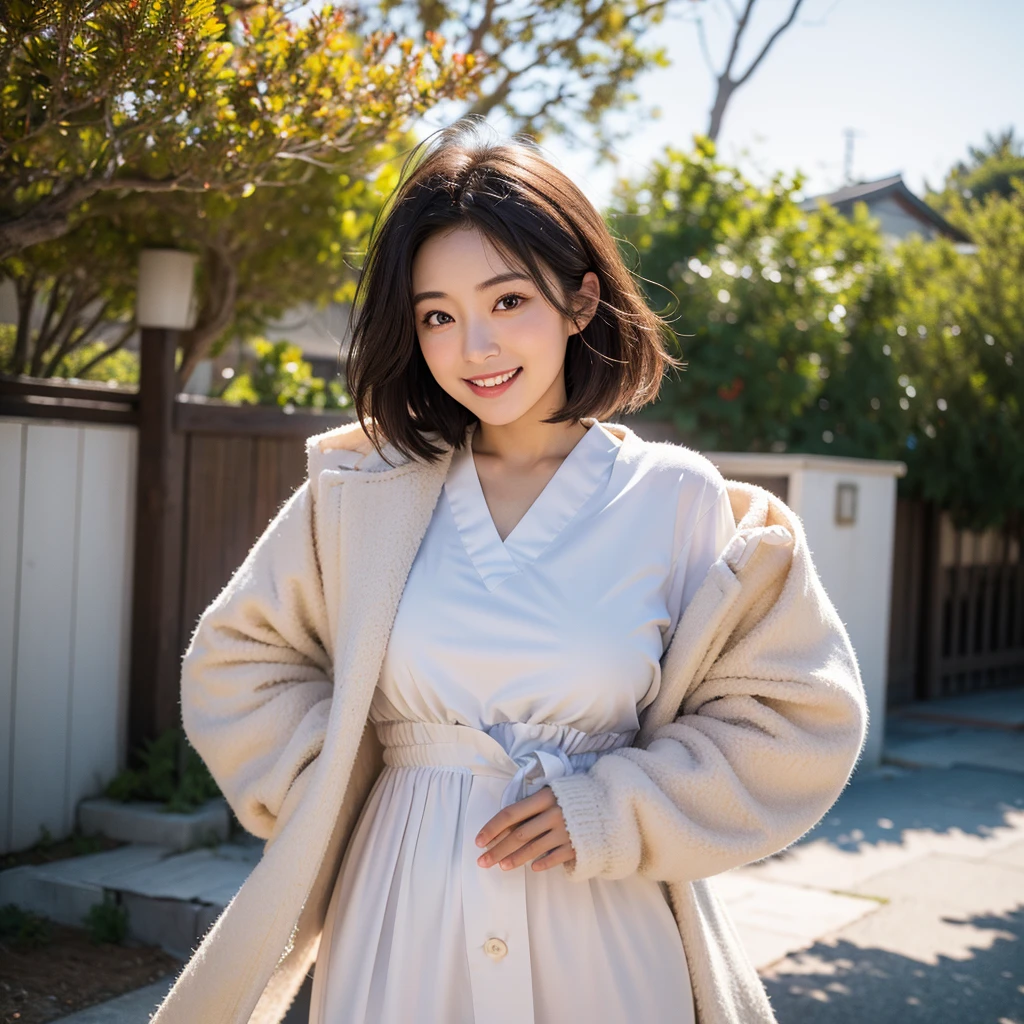 Highest quality,a girl, one girl,solo focus,raw photo,bloom,4K,8K,Realistic,Japanese women,一人のJapanese women,23 years old,Clear,kind,Beautiful eyes,smile,smaile,teeth,short brown hair,Large Breasts,healthy,positive,Very detailed,Shirt dress,The background is a starry sky,Night view