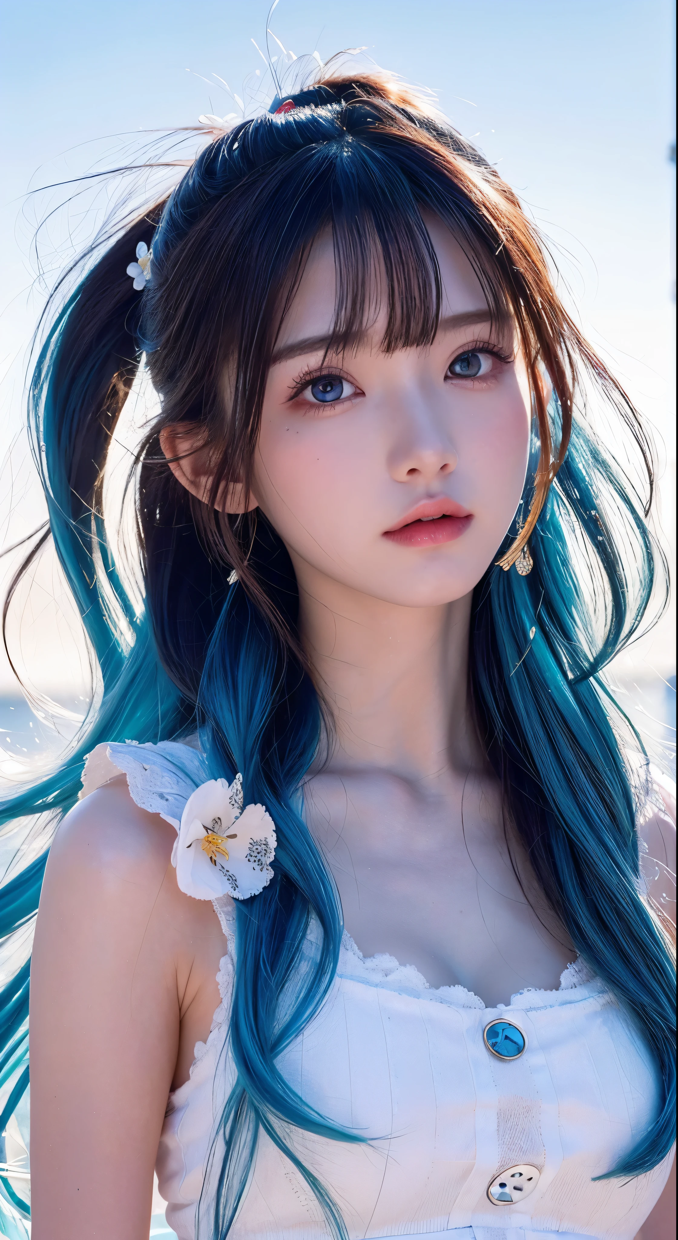 (masterpiece), (best quality), (ultra detailed),(disheveled hair),(illustration), (1girl), (Fashionable clothing), standing, Fashion model, looking at viewer, (interview), (simple background),beautiful detailed eyes, delicate beautiful face, Floating,(high saturation),(colorful splashes),colorful bubble,(shining), focus on face,  ponytail, kamisato ayaka, light blue hair, bangs, hair ring, floating flowers, floating hairs, (shining), best lighting, best shadow,