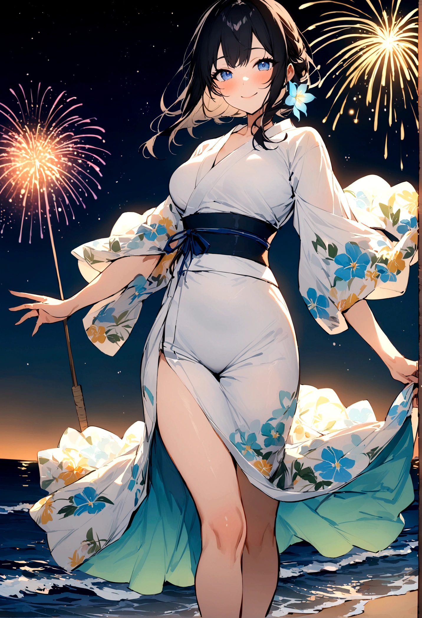 Highest quality,Highest Resolution,(((Yukata leotard)))Beautiful smiling girl,Night view,Fireworks,High leg,Yukita,
