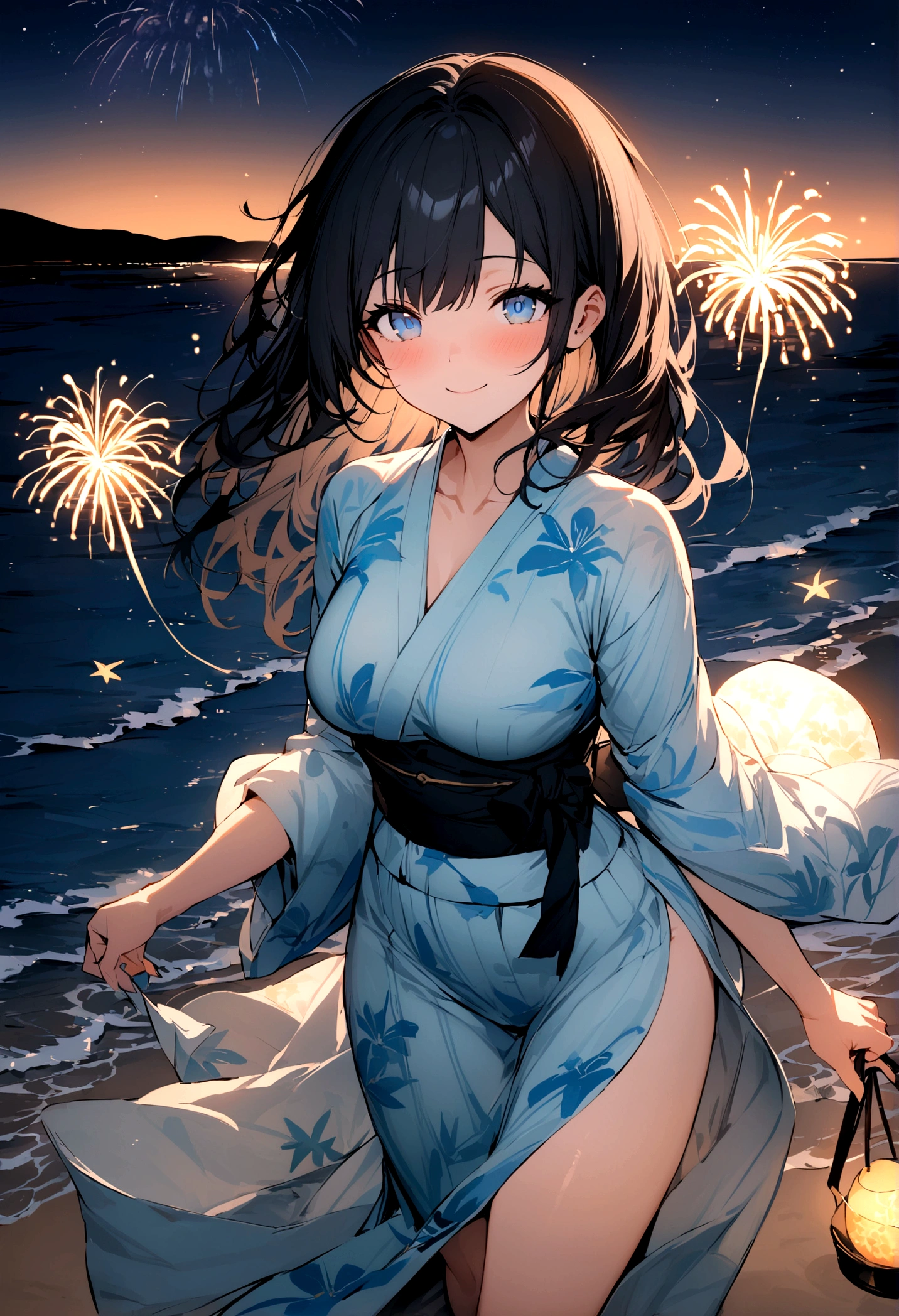 masterpiece, best quality, Summer Kimono,Light-colored kimono，White-headed flower，Blue Eyes，firework, firefly，Beach, Smile, Night Sky, Black hair，((Walk by the sea))