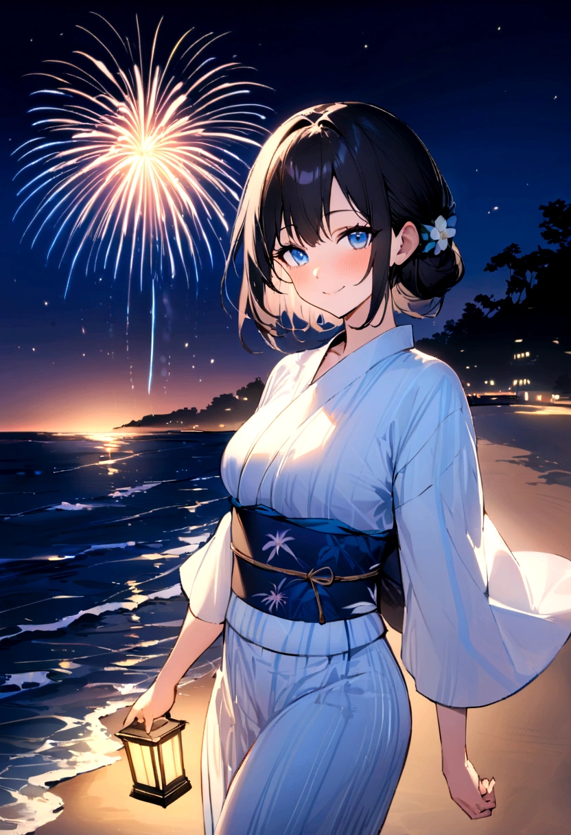 masterpiece, best quality, Summer Kimono,Light-colored kimono,White-headed flower,Blue Eyes,firework, firefly,Beach, Smile, Night Sky, Black hair,((Walk by the sea))