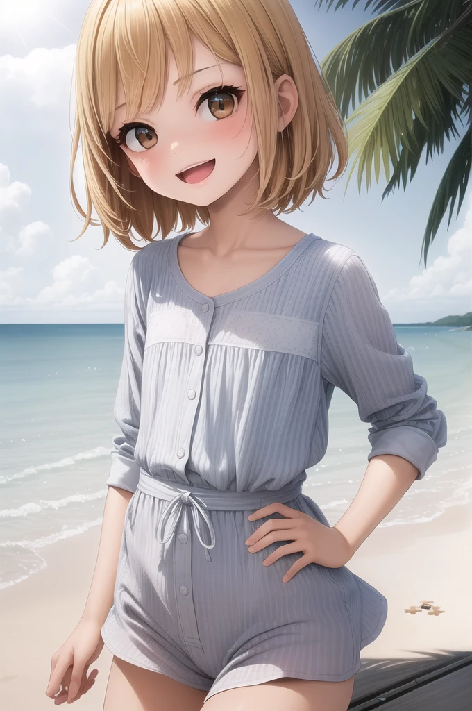 2 girl,10 years old,Girl,,Flat Chest,In underwear,Highest quality、High resolution、Detailed Background、Beautiful face in every detail、Teenage Beauty、Blonde、Bobcut、Big smile、boost mood、 Summer sun、Shining Sea,Hands behind back
