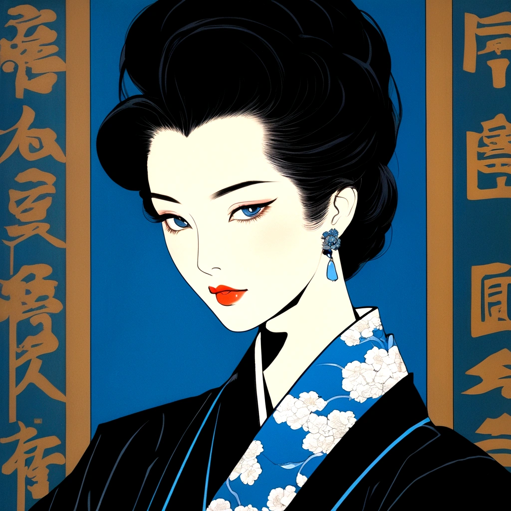 Retro，Japan Showa，Patrick Nagel Style，Shot at 70mm，Oi Kitaichi，Hojo style，Chiaroscuro portrait，Qian Xuan，Beauty，Light bronze and deep black，Blue Background