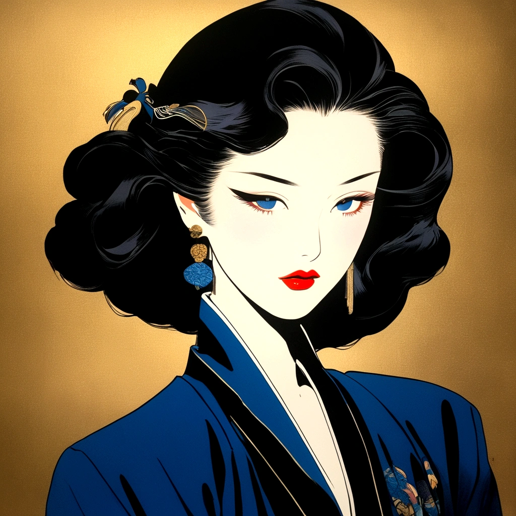 Retro，Japan Showa，Patrick Nagel Style，Shot at 70mm，Oi Kitaichi，Hojo style，Chiaroscuro portrait，Qian Xuan，Beauty，Light bronze and deep black，Blue Background