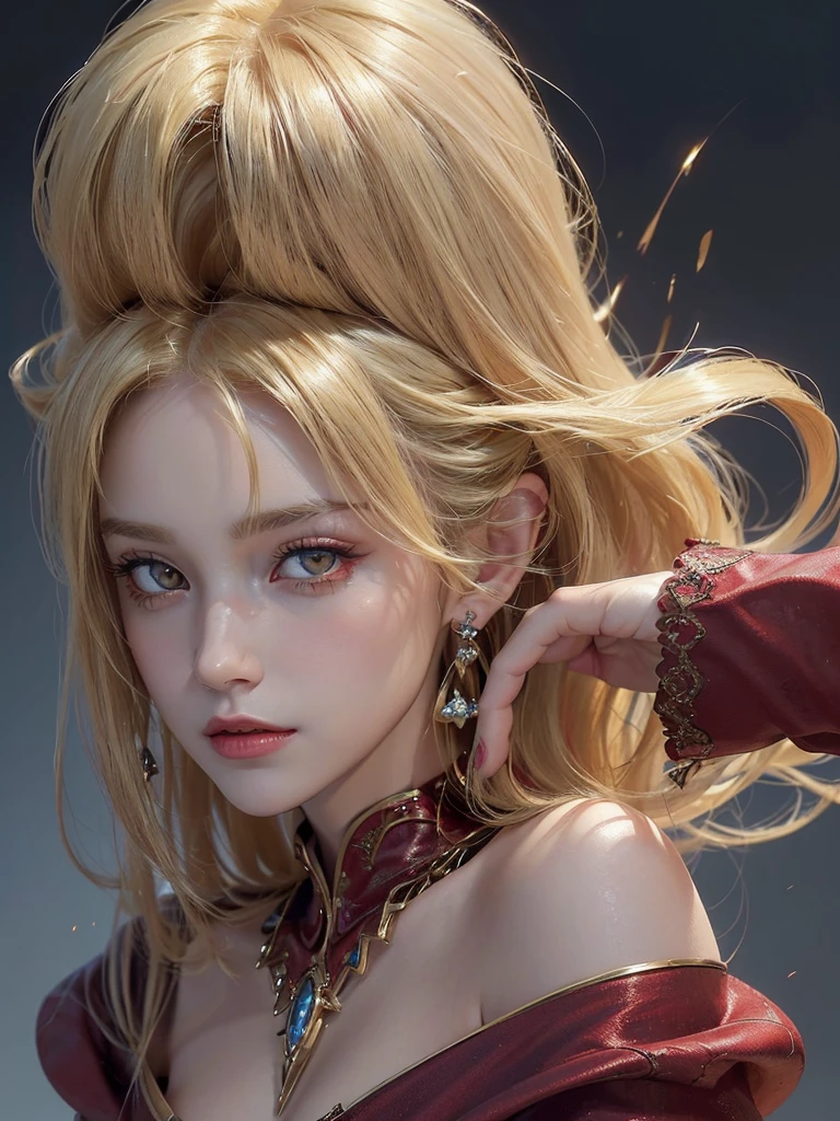 Masterpiece，Best quality，High resolution，8K，((portrait)),((head close-up)),(original photo),(real photo),(digital photo),(very beautiful woman of 28 years old, ,((blonde hair)),((eyes red, devil eyes)), jewelry, beautiful elegant, arrogant, noble and charming,(fantasy combat uniform),(combat girl), photography pose, night, OC render reflection texture
