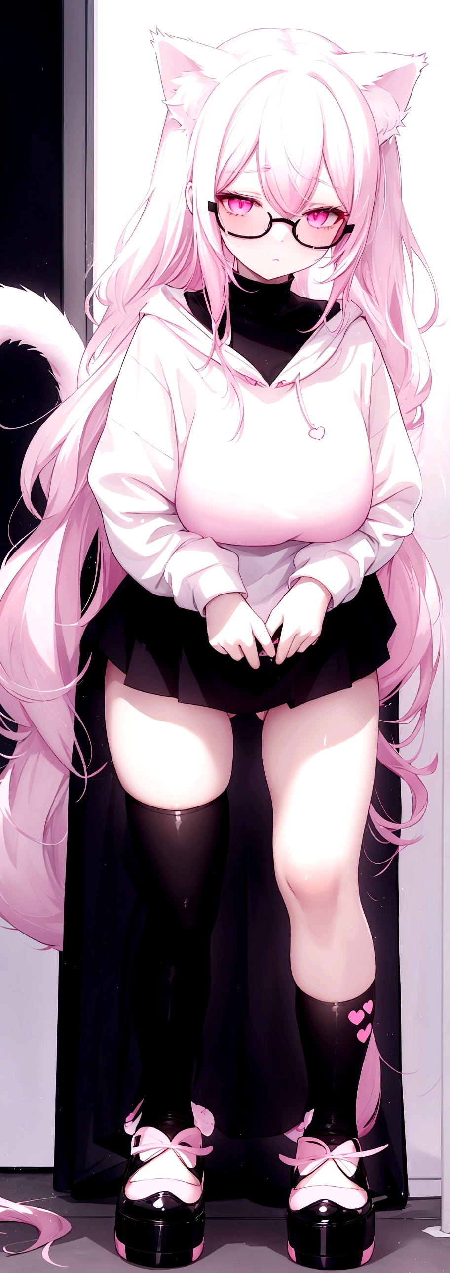 I have white pink hair, cat ears, A good, my face is super red, black glasses, pink heart eyes, a big pink sweatshirt, a black skirt, black stockings, White shoes, a cat tail, a woman. Very shy on his knees on his bed grabbing his butt