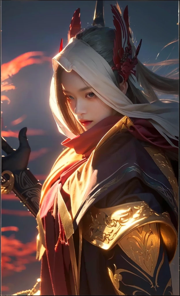 a close up portrait of a man holding a sword, extremely detailed face, detailed eyes, detailed nose, long hair, japanese onmyoji, magical onmyoji robe, onmyoji attire, ornate onmyoji accessories, mysterious onmyoji expression, dramatic onmyoji lighting, dark moody onmyoji background, (best quality,8k,highres,masterpiece:1.2),ultra-detailed,realistic,photo-realistic:1.37,cinematic,dark fantasy art,dramatic lighting