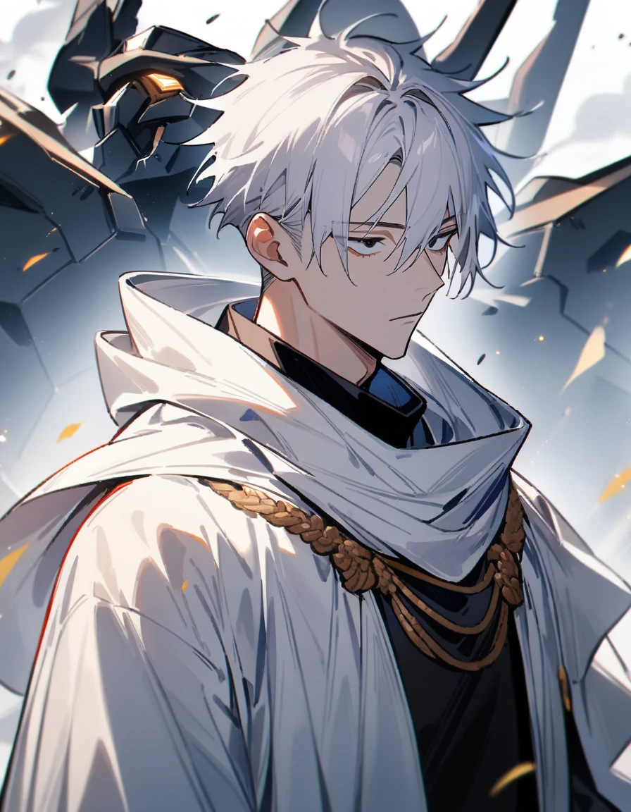 (1boy,jujutsu kaisen) solo, mecha, white hair, (layered cut), black bright eyes, masterpiece, best quality, high quality, upper body, male focus, white robes,