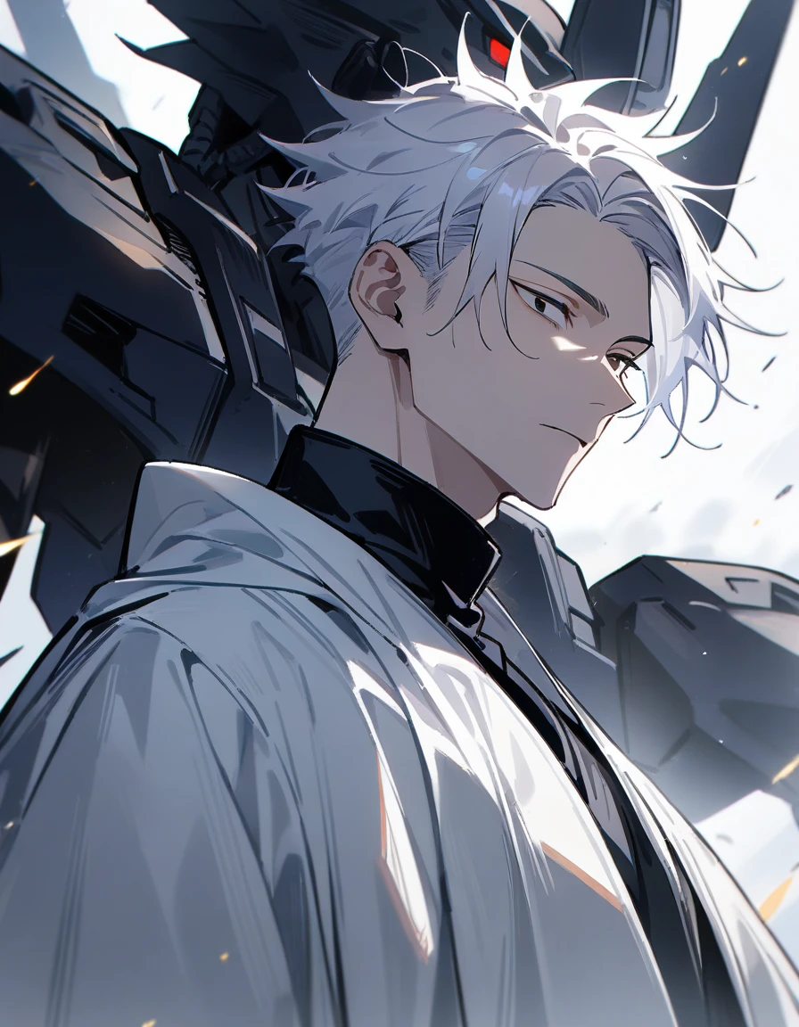 (1boy,jujutsu kaisen) solo, mecha, white hair, (layered cut), black bright eyes, masterpiece, best quality, high quality, upper body, male focus, white robes,