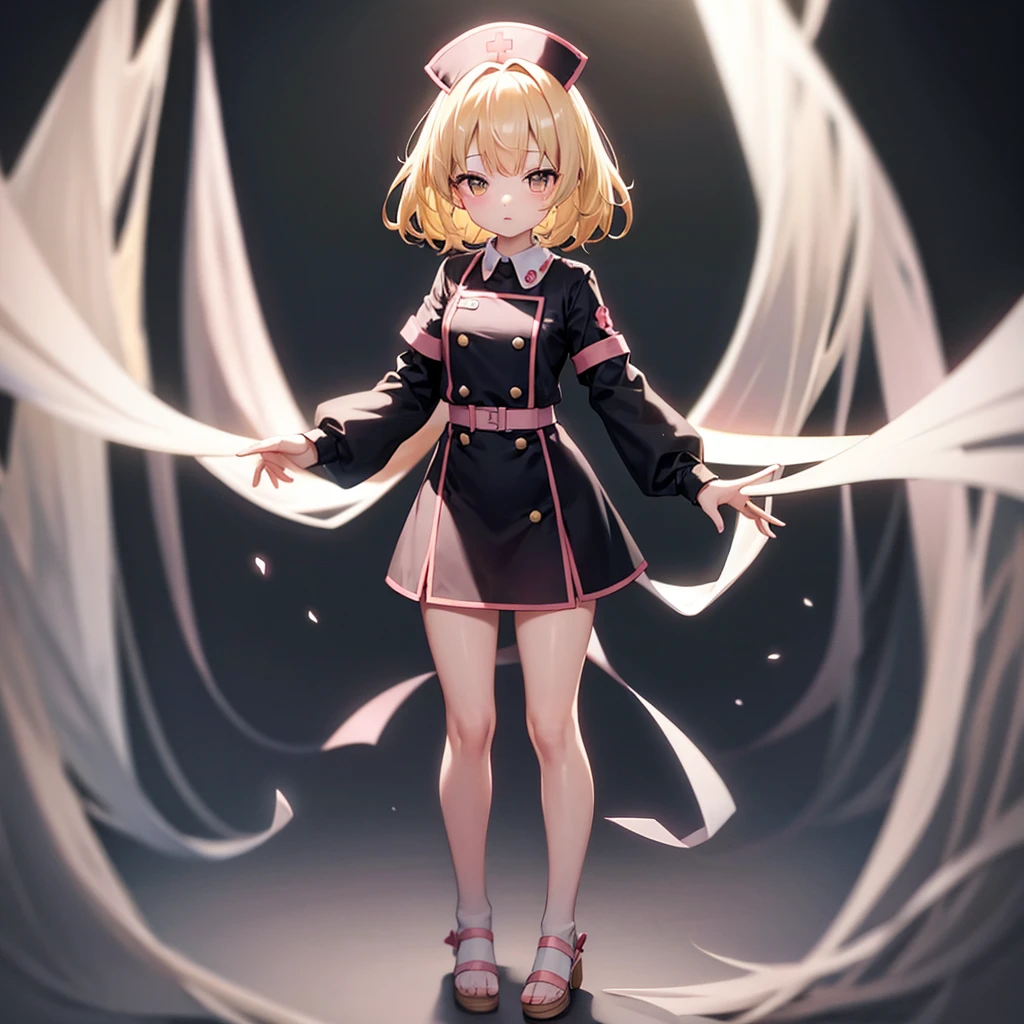 ((nurse)),(Pale pink clothes),mini skirt,Cute little ,Tiny , girl,,Childish face, Very fine clean face,Top quality,Straight Hair,Yellow hair,(Dark Room), Subtle light, Natural light,Soft lighting,Light from directly behind,(Open your hands), (Are standing),Front view,Black background