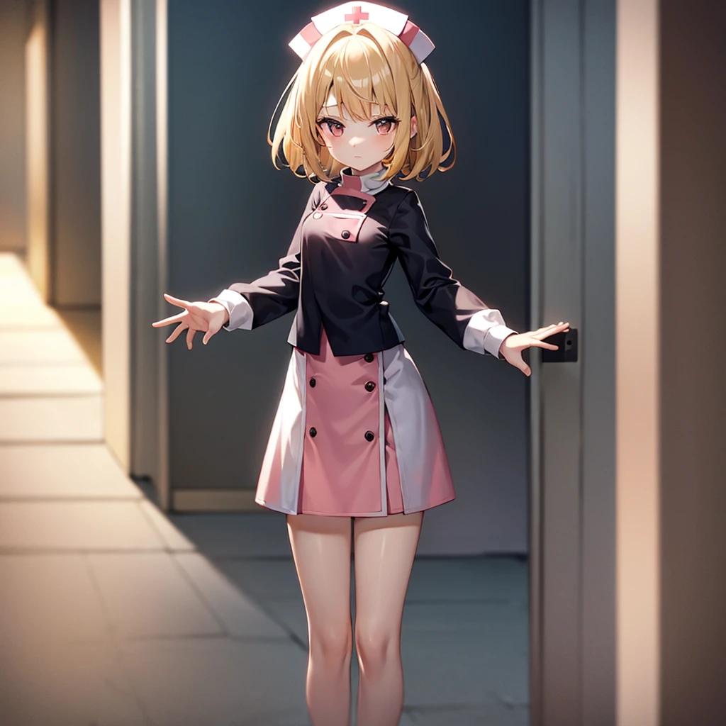 ((nurse)),(Pale pink clothes),mini skirt,Cute little ,Tiny ,Small girl,,Childish face, Very fine clean face,Top quality,Straight Hair,Yellow hair,(Dark Room), Subtle light, Natural light,Soft lighting,Light from directly behind,(Open your hands), (Are standing),Front view,Black background