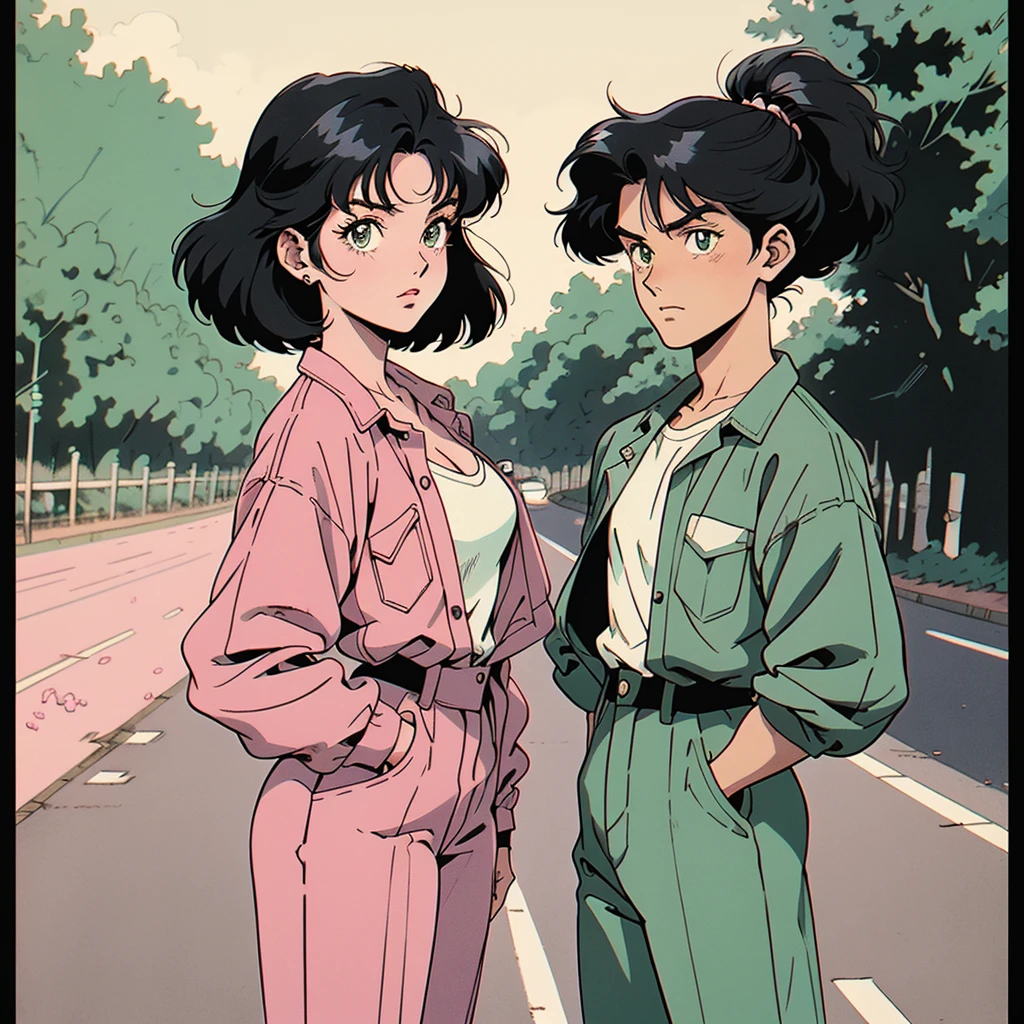 anime girl, 40s anime, vintage classic anime aesthetic, mono pink, green shirt, short jumpsuits, long black hair, cleavage next to anime boy, 40s anime, vintage classic anime aesthetic, white shirt, short jumpsuits, black hairr. late afternoon, standing on the road, day light, Cherry Blossom