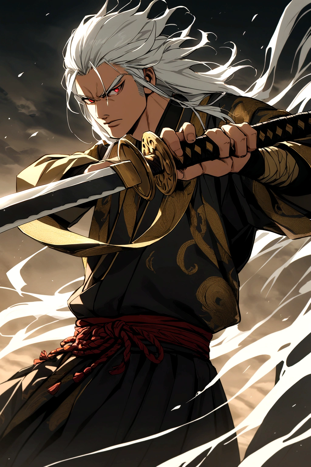 samurai man,Youngh,with long white hair and scarlet eyes wearing a black and gold kimono wielding a katana