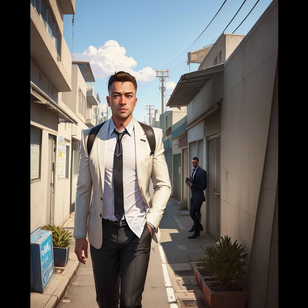 a closeup of a man in a tie and shirt walking down a street, GTA5 style, Style GTA V, GTA V style, as gtav character, Estilo urbano GTA V, gta character, gta v character, gta 6 style, Elon Musk a GTA V, as the protagonist of gta 5, Mark Zuckerberg en GTA V., Estilo Grand Theft Auto