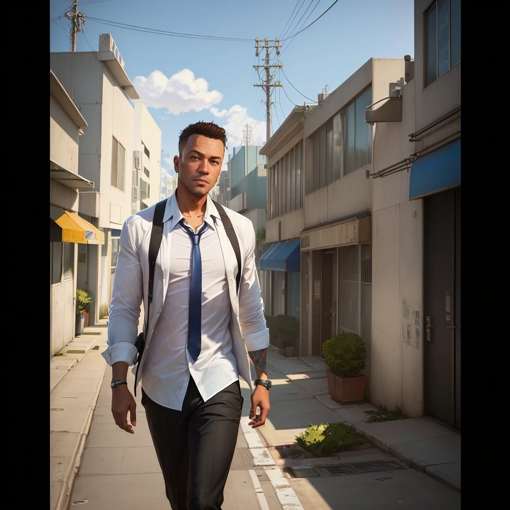 a closeup of a man in a tie and shirt walking down a street, GTA5 style, Style GTA V, GTA V style, as gtav character, Estilo urbano GTA V, gta character, gta v character, gta 6 style, Elon Musk a GTA V, as the protagonist of gta 5, Mark Zuckerberg en GTA V., Estilo Grand Theft Auto
