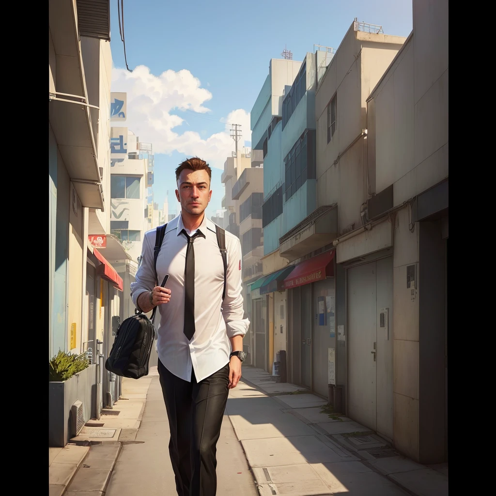 a closeup of a man in a tie and shirt walking down a street, GTA5 style, Style GTA V, GTA V style, as gtav character, Estilo urbano GTA V, gta character, gta v character, gta 6 style, Elon Musk a GTA V, as the protagonist of gta 5, Mark Zuckerberg en GTA V., Estilo Grand Theft Auto