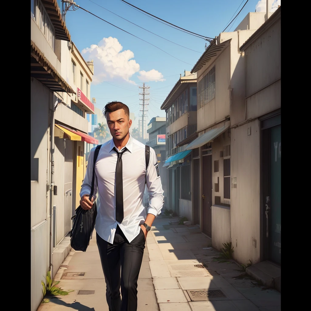 a closeup of a man in a tie and shirt walking down a street, GTA5 style, Style GTA V, GTA V style, as gtav character, Estilo urbano GTA V, gta character, gta v character, gta 6 style, Elon Musk a GTA V, as the protagonist of gta 5, Mark Zuckerberg en GTA V., Estilo Grand Theft Auto