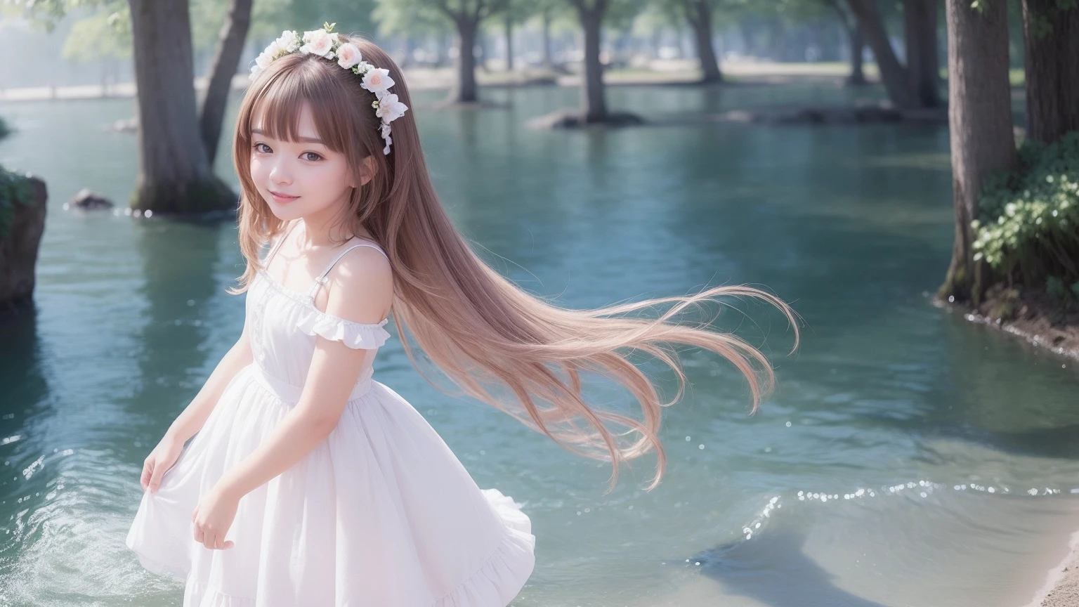 (masterpiece, Highest quality:1.2), Fluffy long hair,11 years old, alone, One girl, Nene Kasaki々, smile, View your viewers, put your hands in your hair, , Seraphim, skirt