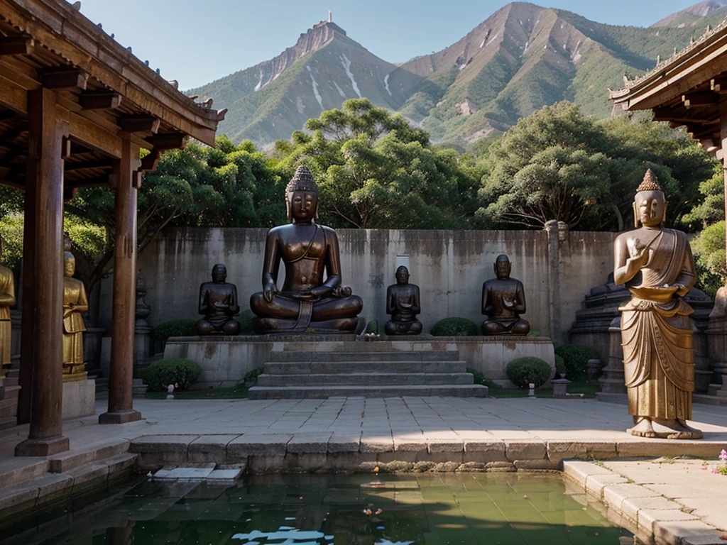 Buddha statues, temples, mountains, lotus flowers, monks, Dharma practitioners