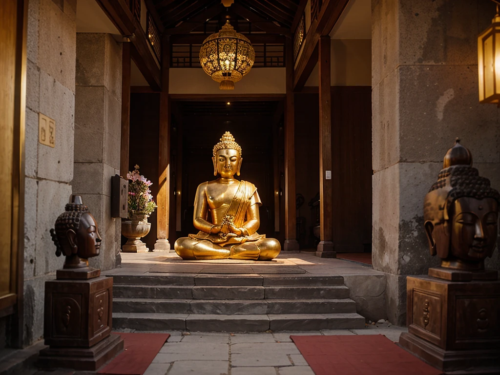 Buddha statues, temples, mountains, lotus flowers, monks, Dharma practitioners