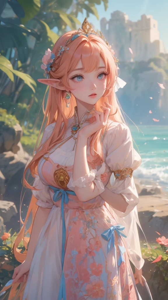 work of art, ultra epic details, ultra detaild, best resolution, orange hair like fire, olhos verdes esmeralda, long braided hair, ( BEAUTIFUL ELF ), (wearing a robust crown of blue and pink leaves and flowers on her head), { olhos ultra detailds }, (( rosto angelical )), sculptural body, ( peasant clothing ), (( perfect hands )), TREES, medieval scenery,( beautiful hairstyle with bangs ), lovely gaze, gazing at the horizon