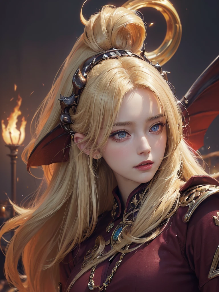 Masterpiece,Best quality,High resolution,8K,((portrait)),((head close-up)),(original photo),(real photo),(digital photo),(very beautiful woman of 28 years old, ,((blonde hair)),((eyes red, devil eyes)), jewelry, beautiful elegant, arrogant, noble and charming,(fantasy combat uniform),(combat girl), photography pose, night, OC render reflection texture