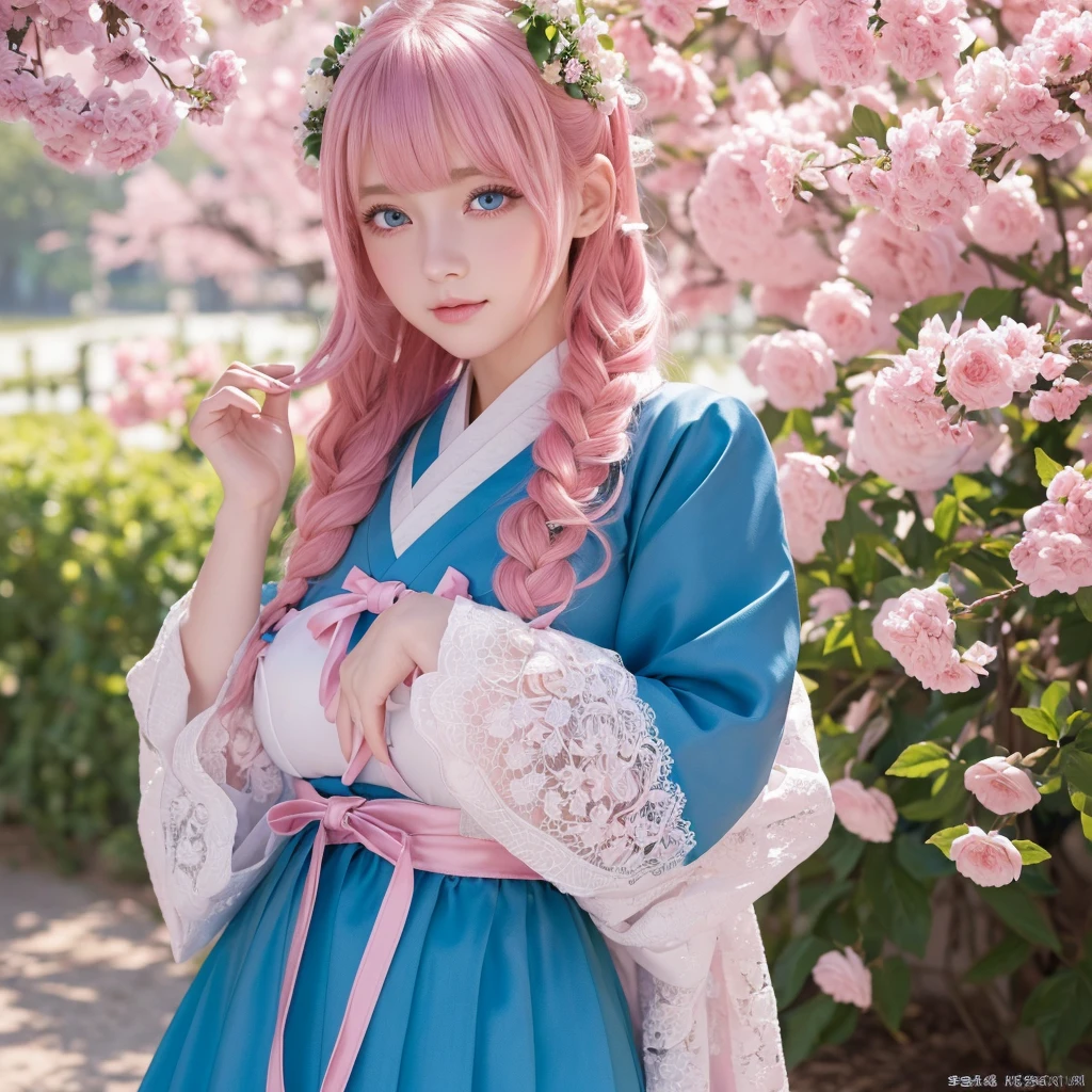 (finely detailed beautiful eyes and detailed face,masterpiece sidelighting,masterpiece,Highest quality,detailed,High resolution illustrations),, (One girl,whole body,beautiful girl,Shiny skin,Look down,View your viewers),, (Pink Hair,blue eyes,ribbon,hanbok, korean clothing), (Dressed_Underbust:1.2),Underbust,
