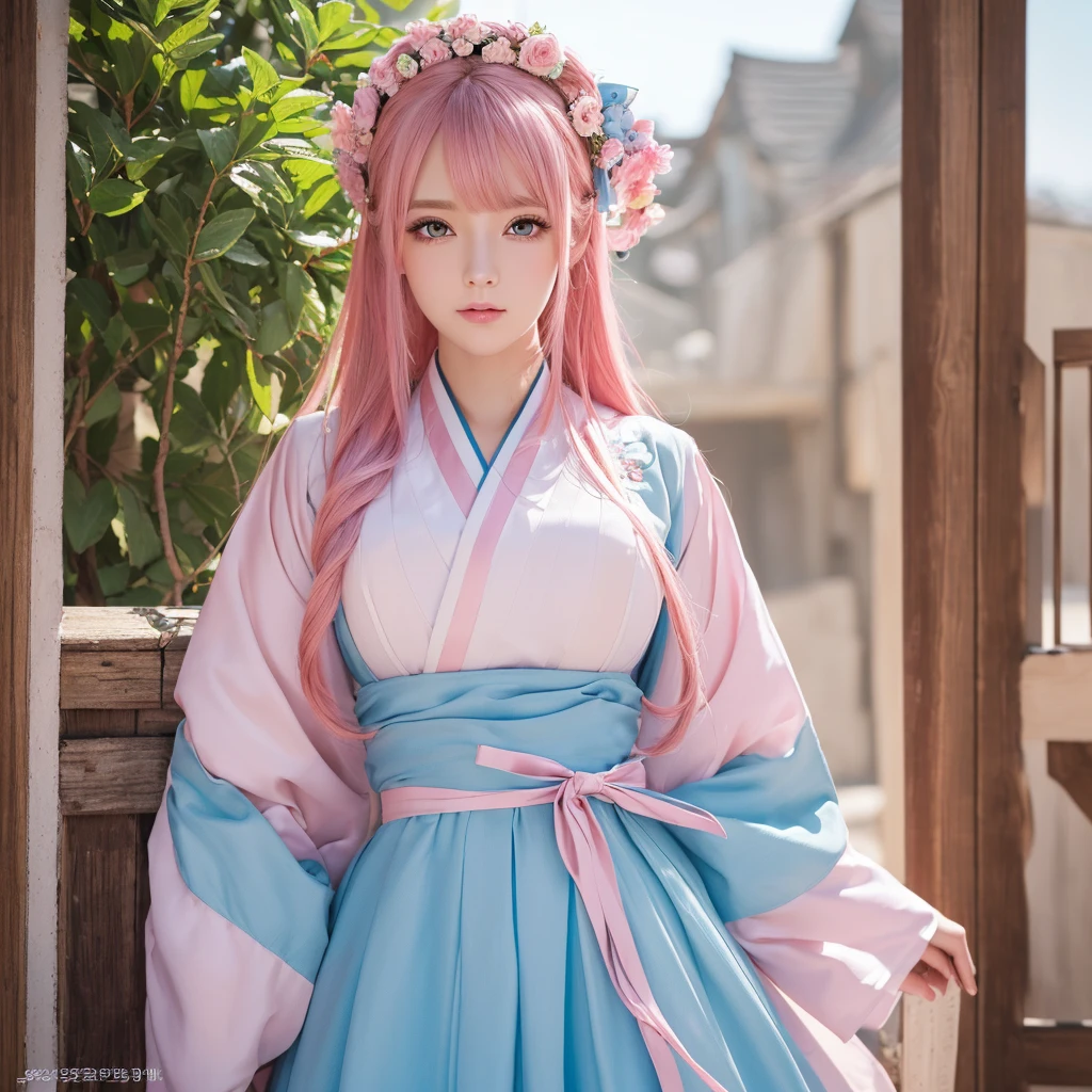 (finely detailed beautiful eyes and detailed face,masterpiece sidelighting,masterpiece,Highest quality,detailed,High resolution illustrations),, (One girl,whole body,beautiful girl,Shiny skin,Look down,View your viewers),, (Pink Hair,blue eyes,ribbon,hanbok, korean clothing), (Dressed_Underbust:1.2),Underbust,