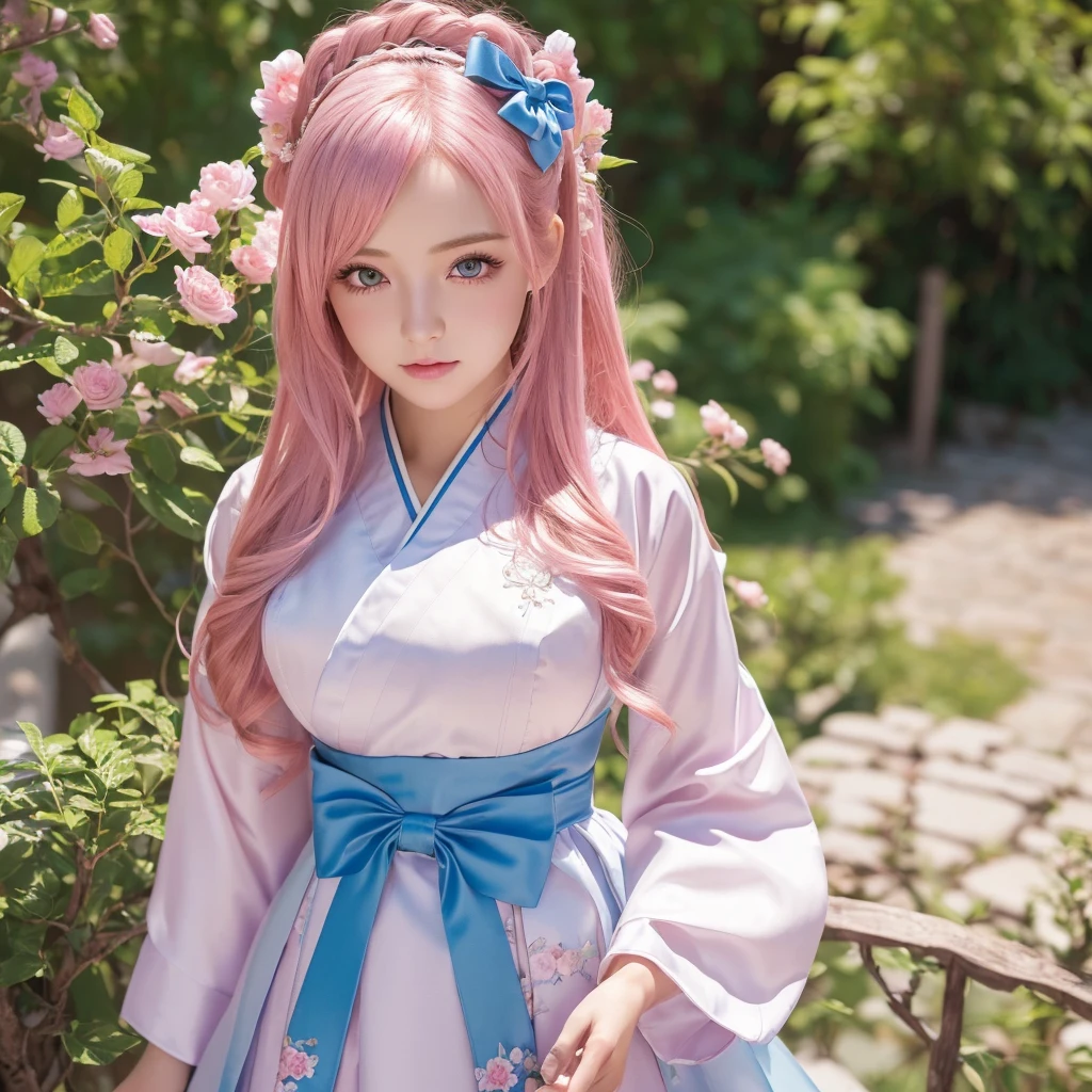 (finely detailed beautiful eyes and detailed face,masterpiece sidelighting,masterpiece,Highest quality,detailed,High resolution illustrations),, (One girl,whole body,beautiful girl,Shiny skin,Look down,View your viewers),, (Pink Hair,blue eyes,ribbon,hanbok, korean clothing), (Dressed_Underbust:1.2),Underbust,