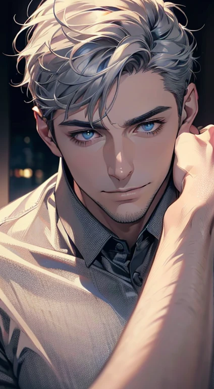 (best quality,4k,8k,highres,masterpiece:1.2),ultra-detailed,(realistic,photorealistic,photo-realistic:1.37),1 man,31 years old,mature man,very handsome,without expression,smile,short grey hair,blue eyes,penetrating gaze,perfect face without errors,imposing posture,businessman,office background,cinematic lighting,hdr image