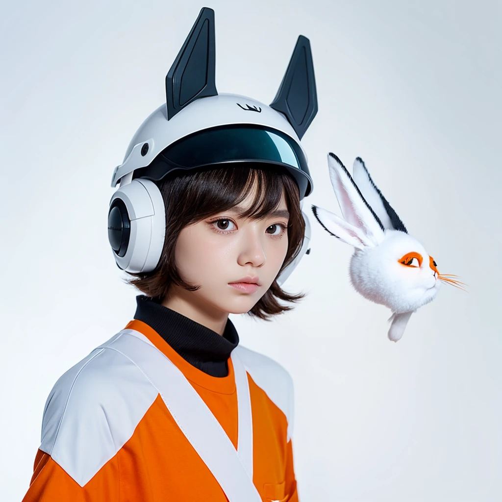 Create a realistic avatar with orange shirt white body and a black bunny helmet