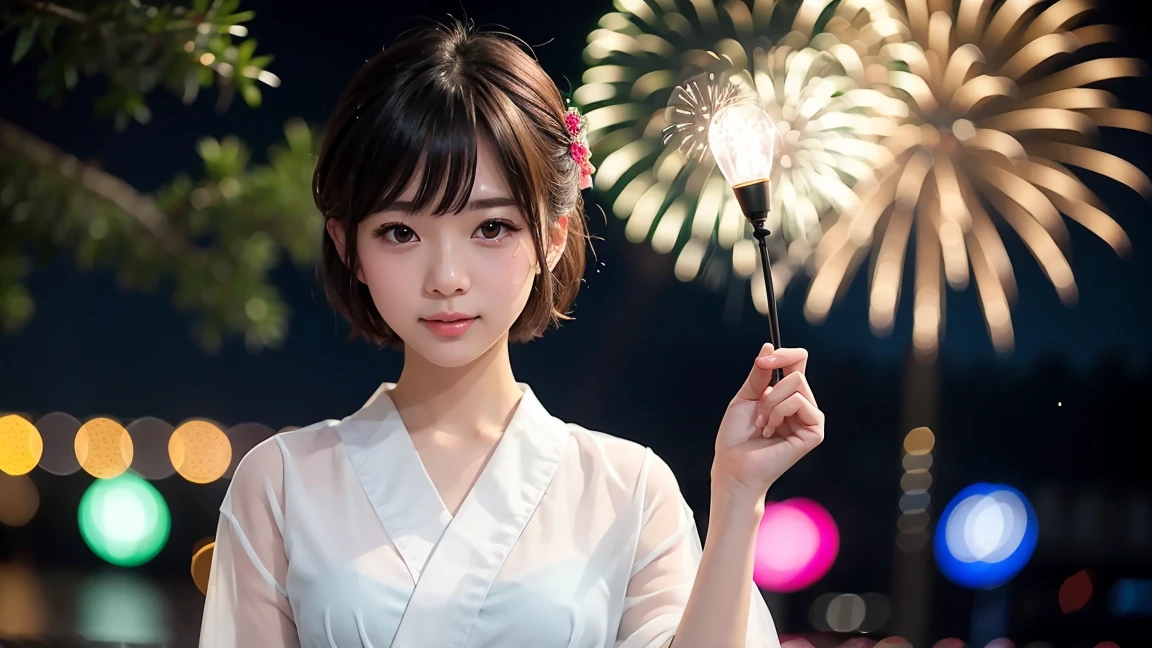 no、8Ｋ、(Toes making noise)、((Highest quality、in 8K、Masterpiece:1.3))、1 woman、18 only、bitch、(transparently、kawaii girl:1.3)、(medium short hair、 out:1.2)、Too much detailed face、Detailed eyes、Double eyelids、(Whole Esbian、perfect proportions:1.2)、Yukata、Nightclub、(Fireworks light up in the background.、bokeh background:1.2)