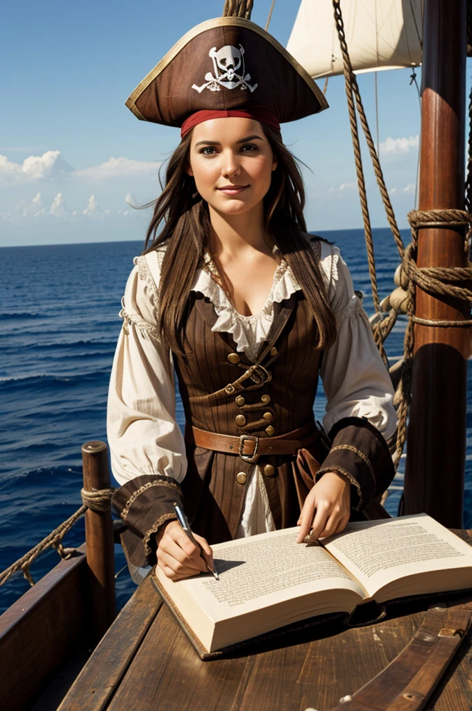 Pirate woman with straight brown hair writing in a book on a ship looking at the sea
